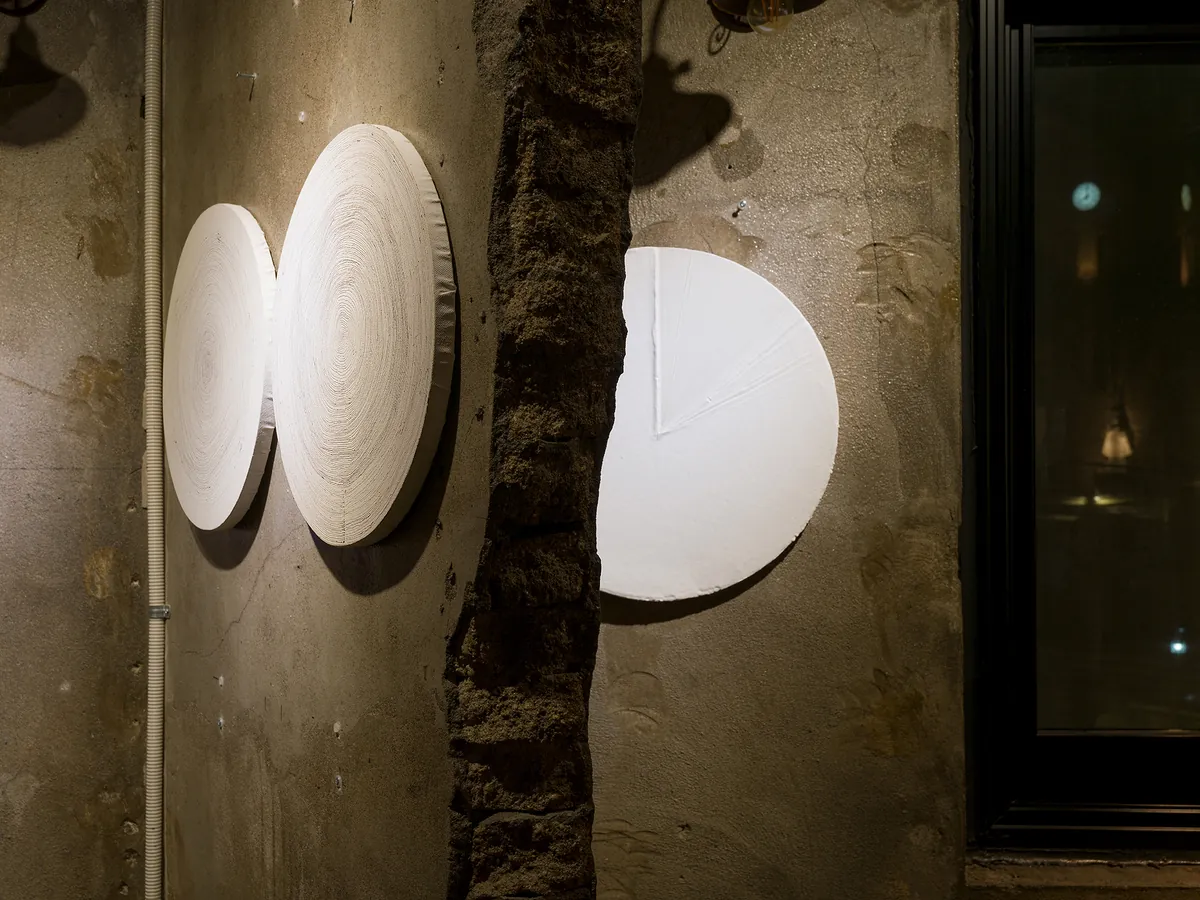 Installation view — white ceramic discs on a concrete wall