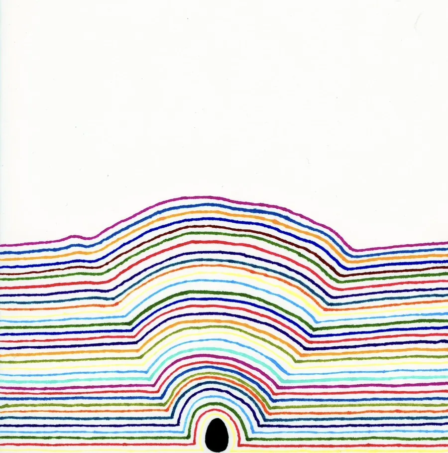 Growing Drawing — repeated wavy colored lines building a mountain-like ridge around a small dark egg-shaped void