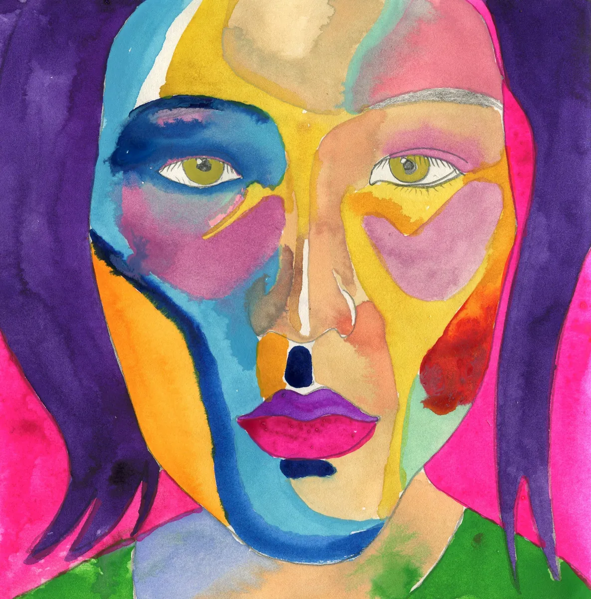 Self Portrait — a watercolor face divided into vivid unnatural colors: blue, yellow, pink, orange, and purple across each half